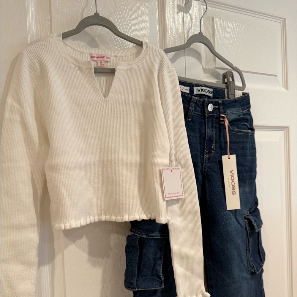 Wide leg Denim cargo Jeans and White sweater top for girls.